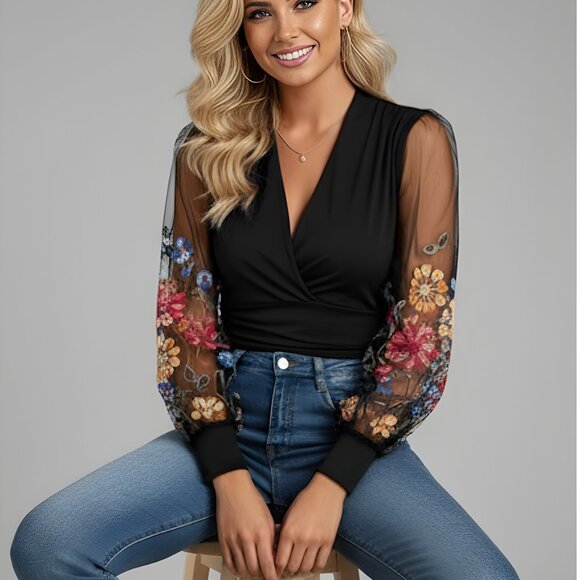Boho Floral Embroidered Lantern Sleeves Top Black - Picture 1 of 10